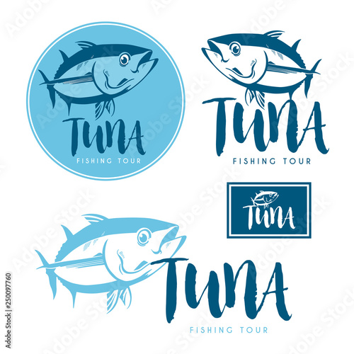 Seafood tuna products tags and emblems. Vector icons for product, company, restaurant label. 