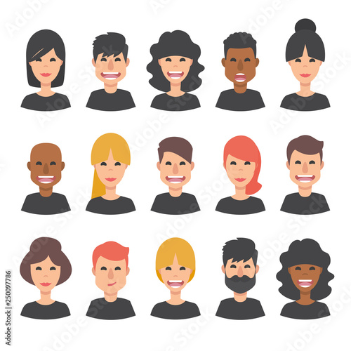 Set of 15 diverse avatars. Different nationalities and hair styles. Isolated faces. 