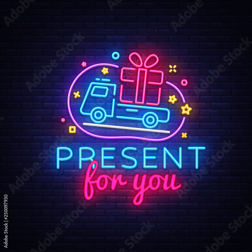 Prizes for you neon sign vector. Gift Design template neon sign  light banner  neon signboard  nightly bright advertising  light inscription. Vector illustration