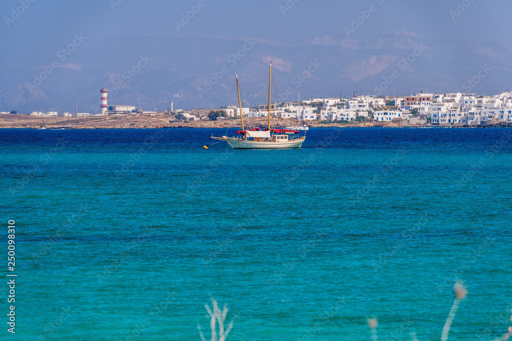 Picturesque view to Naussa from Kolymbithres beach. Paros island, Greece