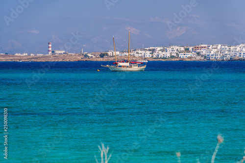 Picturesque view to Naussa from Kolymbithres beach. Paros island, Greece