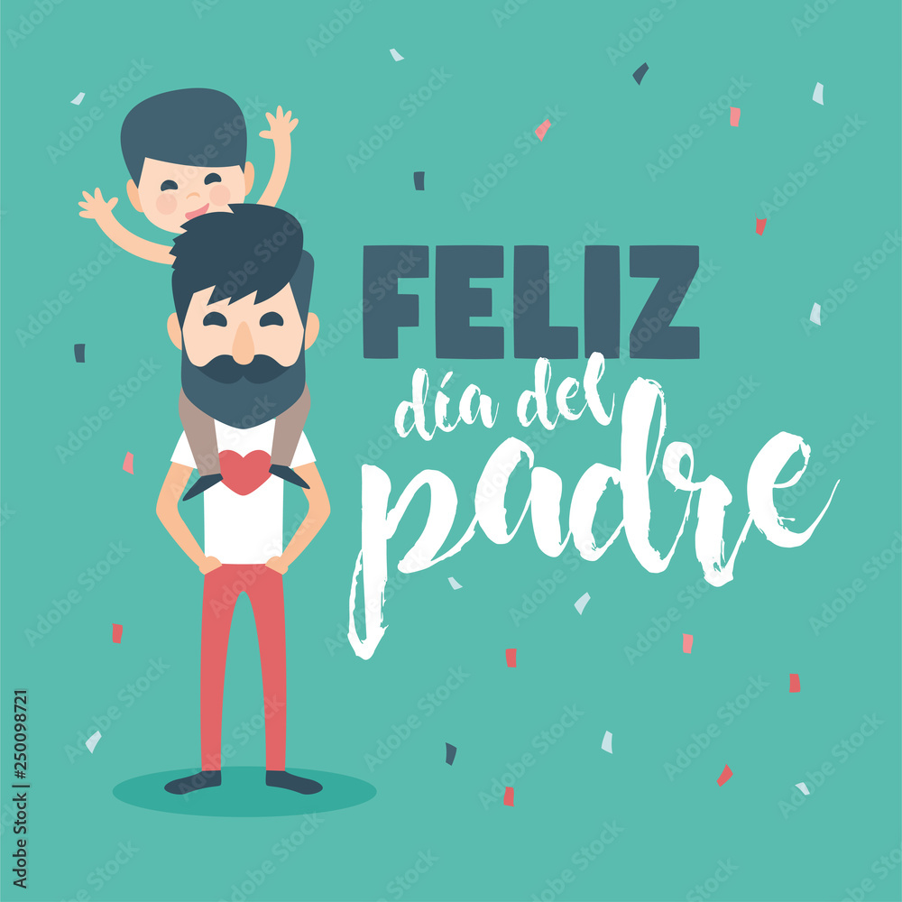 Happy Fathers day card. Vector Element Set with background green. Dad with  Beard and son. Written in Spanish Stock Vector | Adobe Stock