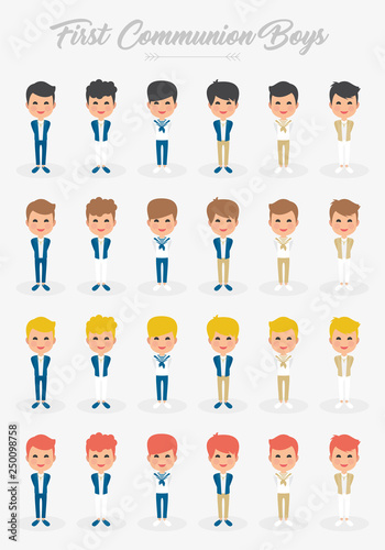 Set of First Communion Boys with different hairs and dresses. Isolated Vector
