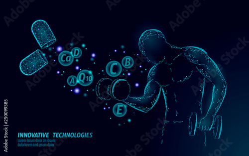 Dietary supplement vitamin bodybuilding capsule. Fitness shape drug medicine science chemistry innovation technology polygonal 3D render. Muscle power increase dumbbell vector illustration