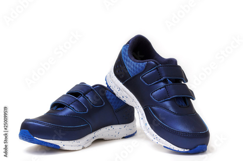 Pair of sports shoes, blue sneakers isolated on white background. Top view. © Elena
