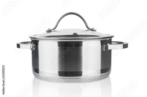 Stainless steel pot close up isolated on white background