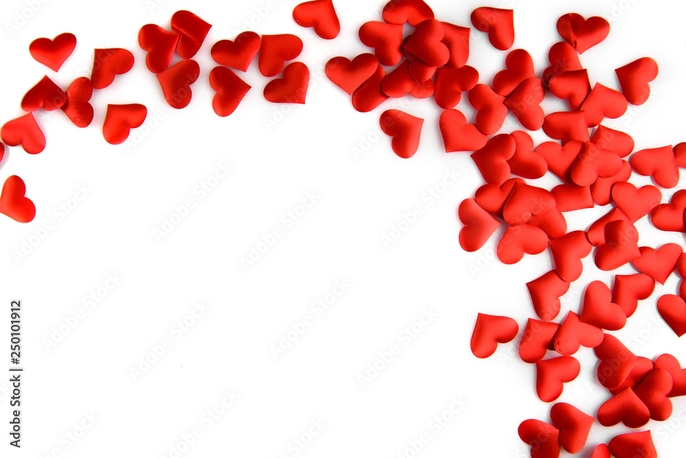 background with red hearts isolated on white background.Heart Love symbol.Space for text.top view background with red hearts isolated on white background.Heart Love symbol.Space for text.top view