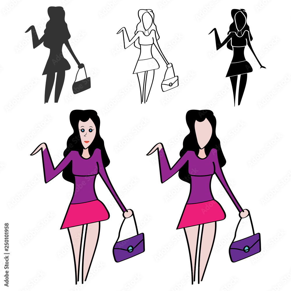 Girls with a bag goes shopping. Vector illustration.