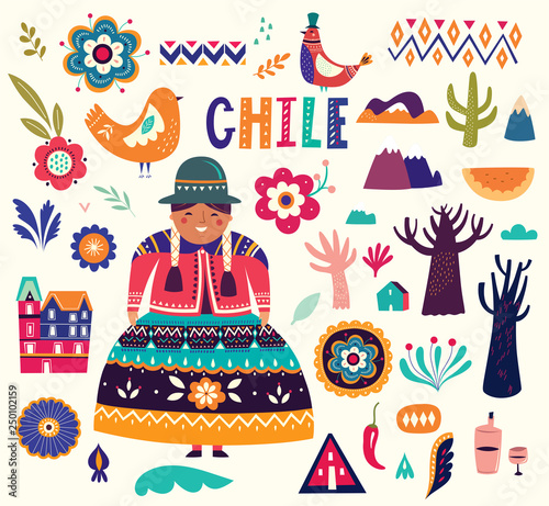 Decorative illustration with a chilean girl in national costume