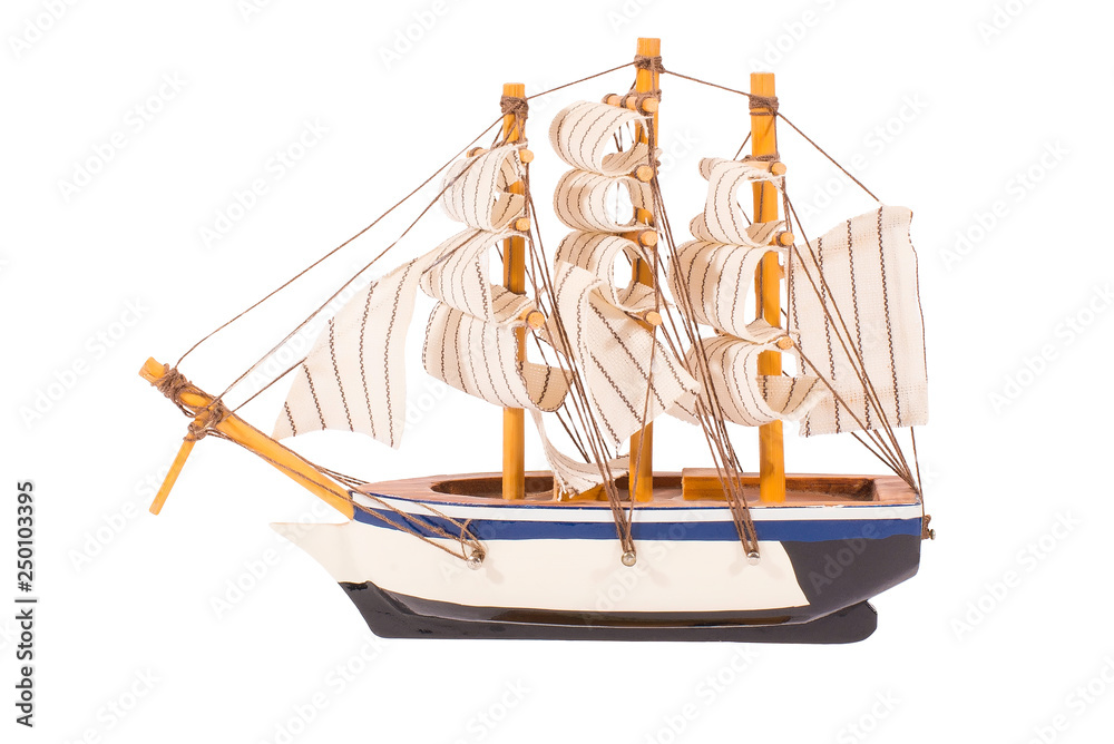 Model sailboat, ship, on white background, isolated
