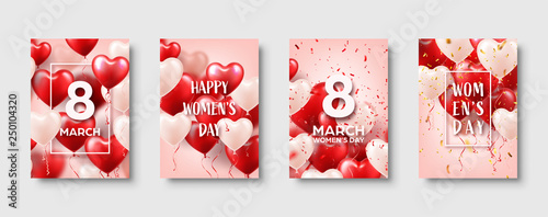 Women's day background with red balloons, heart shape.Confetti and ribbon. Love symbol. March 8. I love you. Vector illustration.
