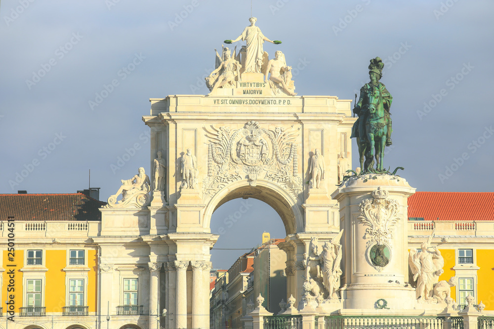 Close up of Triumphal Arch ( Arco da Rua Augusta ) on Commerce Square in Lisbon, Portugal. Famous city center tourist travel attraction