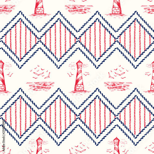 Vintage Hand-Drawn Rope Chevrons with Lighthouse, Seagulls Scenery and Nautical Knots Vector Seamless Pattern