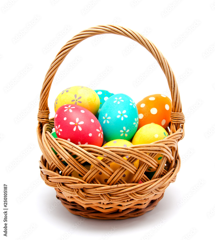 Perfect colorful handmade easter eggs in the basket isolated