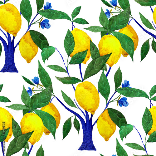 Watercolor seamless pattern with citrus trees. Bright wallpaper with orange, lime and lemon trees. Beautiful summer print. Surface design 