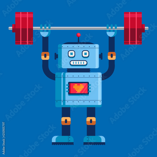 cute robot raises the barbell in full growth. cute character vector illustration