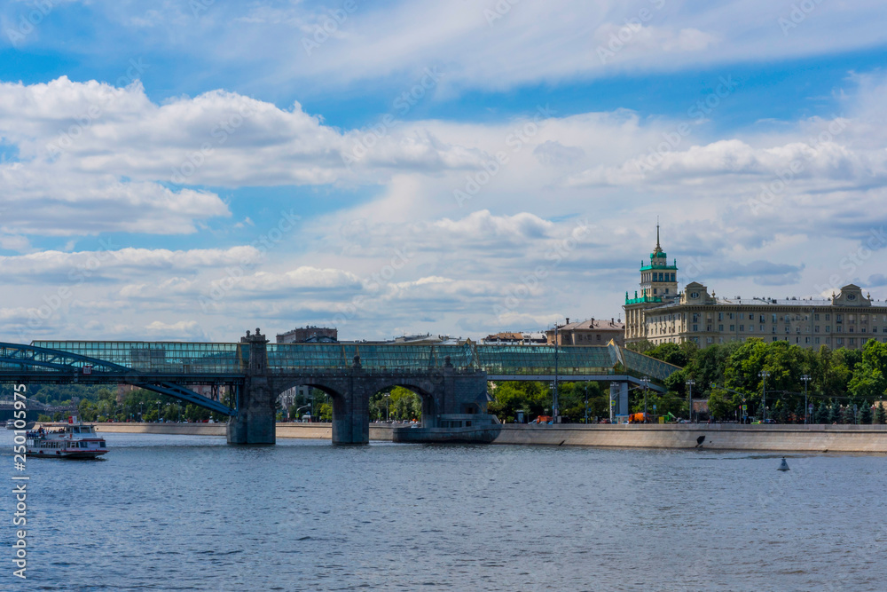 View of Pushkin Bridge from Moscow River on a sunny day.