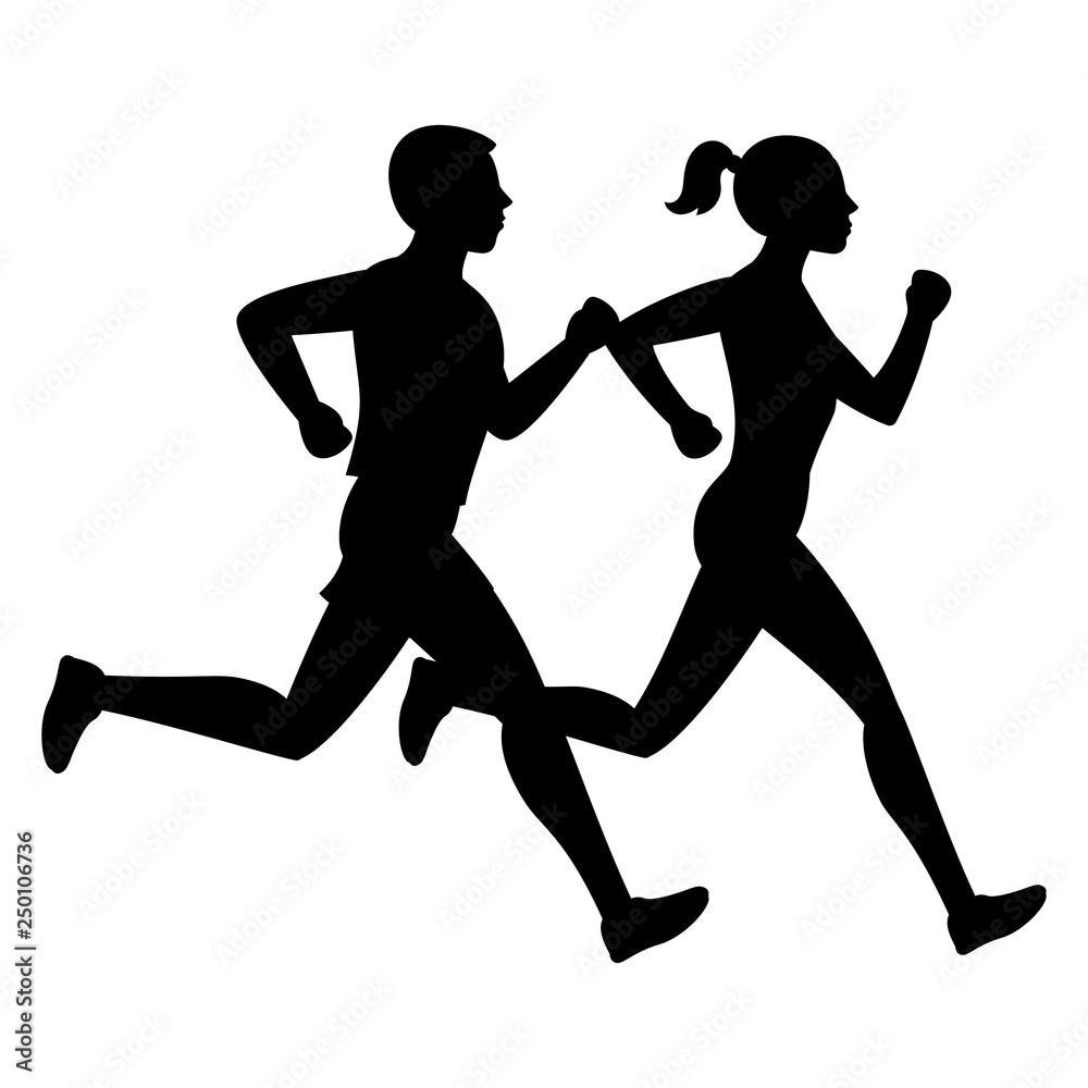 Running man and woman black vector silhouettes. Sport female and male, jogging training athlete illustration
