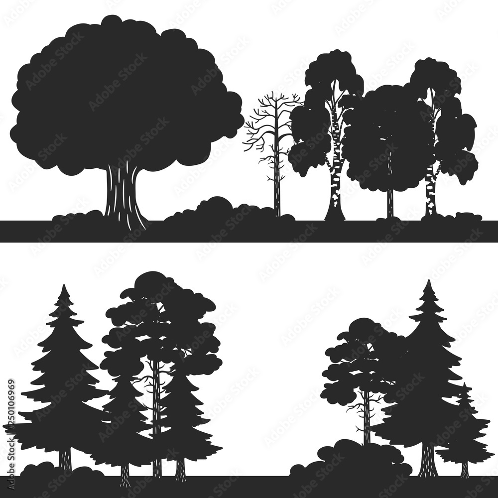 Black vector forest trees silhouettes background. Forest silhouette  illustration, wood oak and evergreen Stock Vector | Adobe Stock