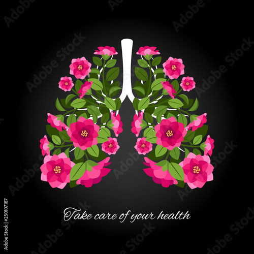 Take care of your health. Human lungs blooming flowers. Vector human lung with colored floral flower illustration