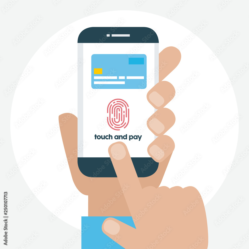 Vector illustration. Identification scannings of a fingerprint in the mobile phone. Touch and pay