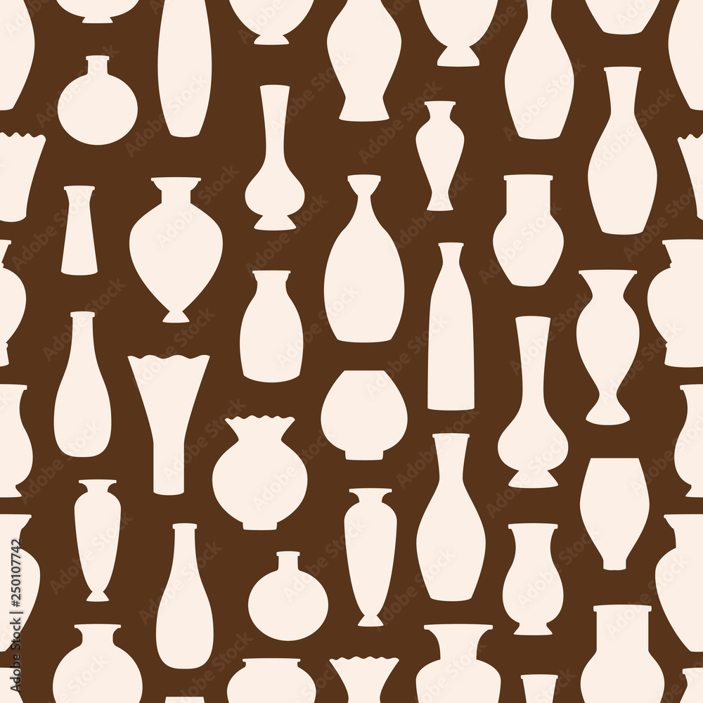 Vases silhouettes vector seamless pattern. Ancient bowls background. Illustration of seamless pattern amphora, pottery greece Vases silhouettes vector seamless pattern. Ancient bowls background. Illustration of seamless pattern amphora, pottery greece