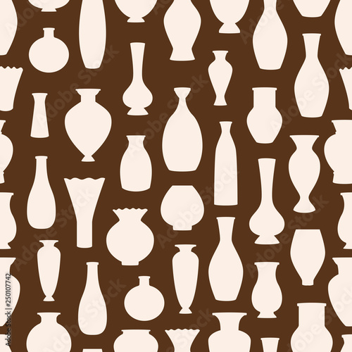 Vases silhouettes vector seamless pattern. Ancient bowls background. Illustration of seamless pattern amphora  pottery greece