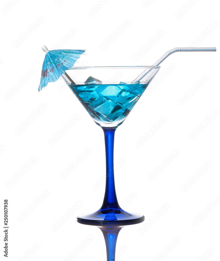 Blue cocktail in glass isolated on white background. - Image