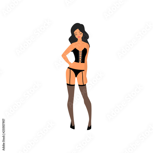 Seductive woman stands with her face wearing corset, stockings, panties, high-heeled shoes