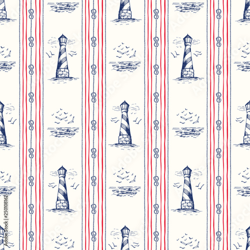 Vintage Hand-Drawn Rope Vertical Stripes with Lighthouse, Seagulls Scenery and Nautical Knots Vector Seamless Pattern