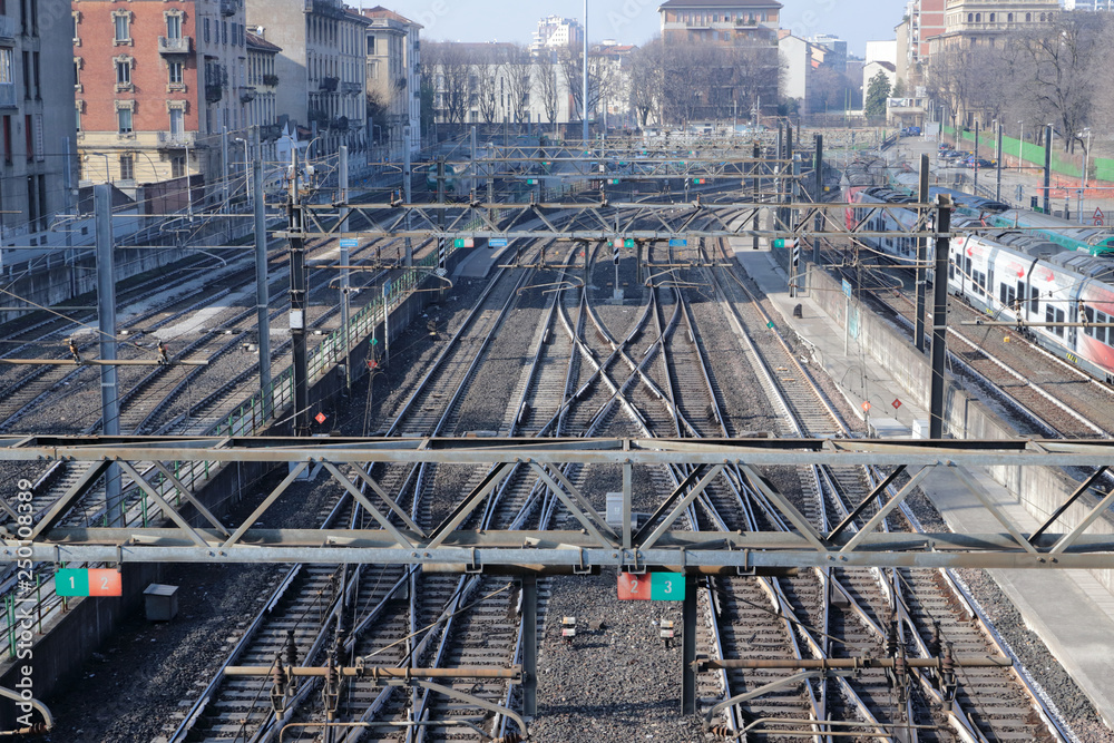 Rete ferroviaria con scambi ferroviari a Milano in Italia, Railway network with railway exchanges in Milan in Italy Rete ferroviaria con scambi ferroviari a Milano in Italia, Railway network with railway exchanges in Milan in Italy