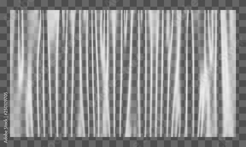 Realistic stretched white plastic warp. Polyethylene background. Vector transparent cellophane mockup.