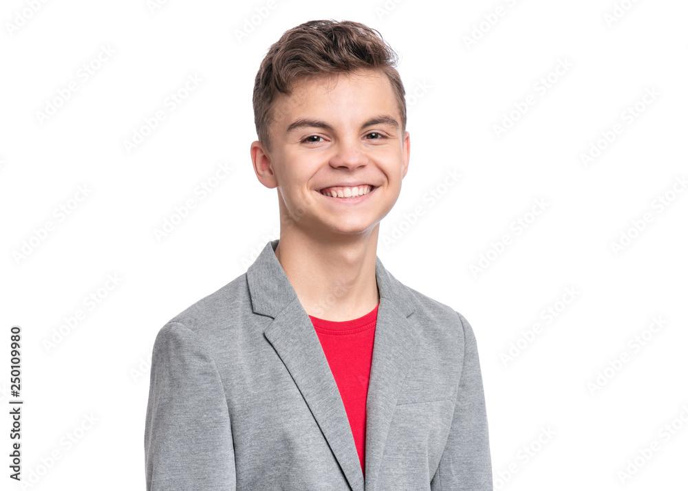 Handsome caucasian Teen Boy in suit isolated on white background. Teenager looking at camera. Happy child - close-up portrait. Handsome caucasian Teen Boy in suit isolated on white background. Teenager looking at camera. Happy child - close-up portrait.