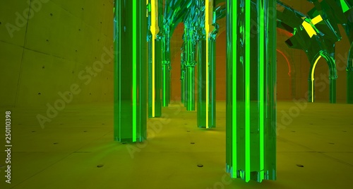 Abstract Concrete Futuristic Sci-Fi Gothic interior With Green And Red Glowing Neon Tubes . 3D illustration and rendering.