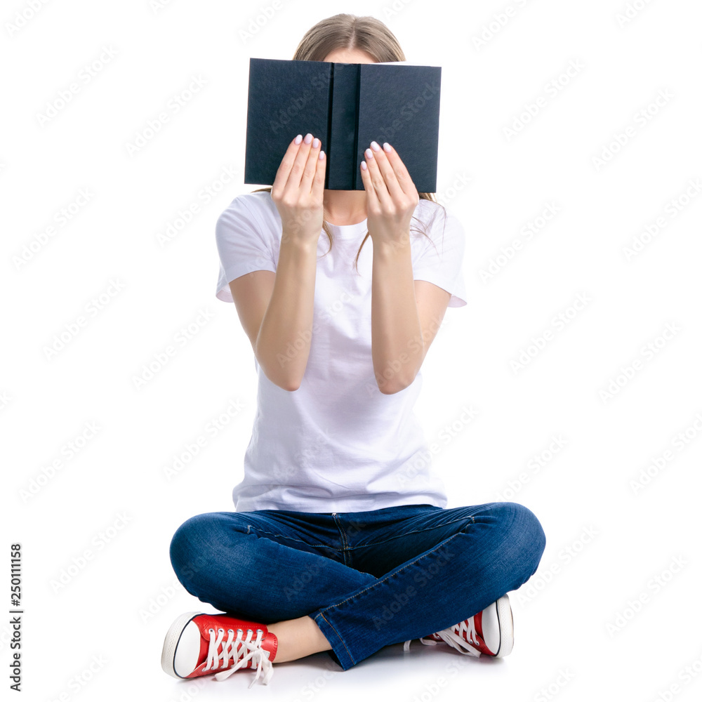 Fototapeta premium Woman sitting reading book on white background isolation