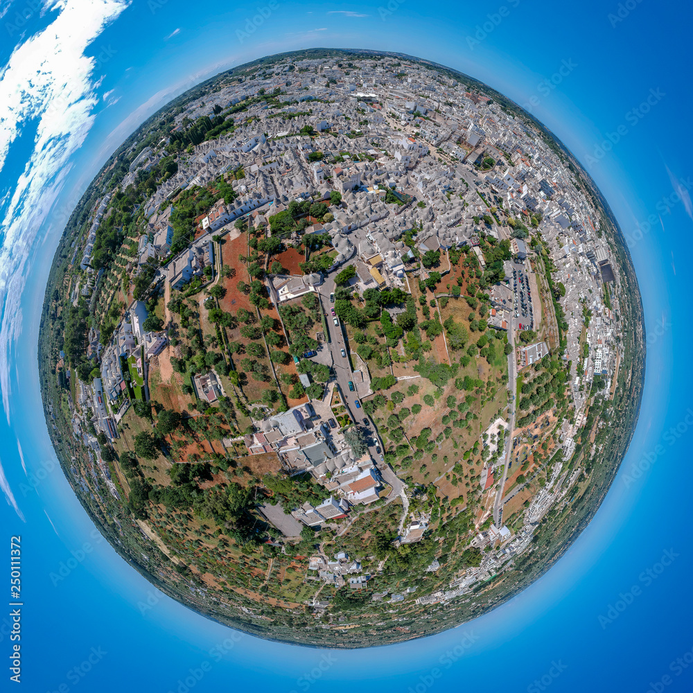 Little Planet Alberobello, Puglia, Italy. Aerial photo