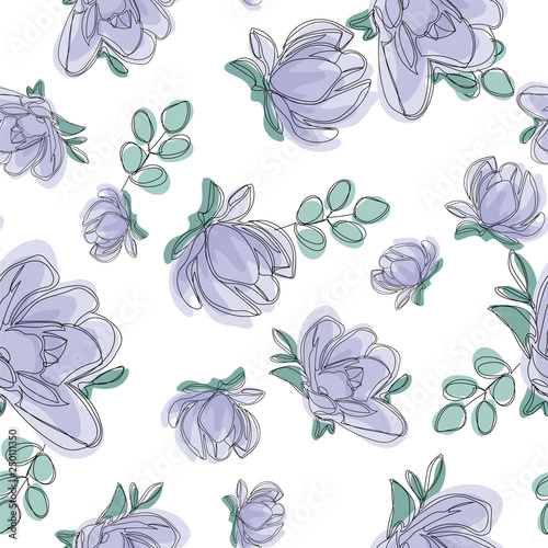 Seamless pattern with flowers and leaves. Hand drawn background. Floral pattern for wallpaper or fabric. Magnolia flower pattern.