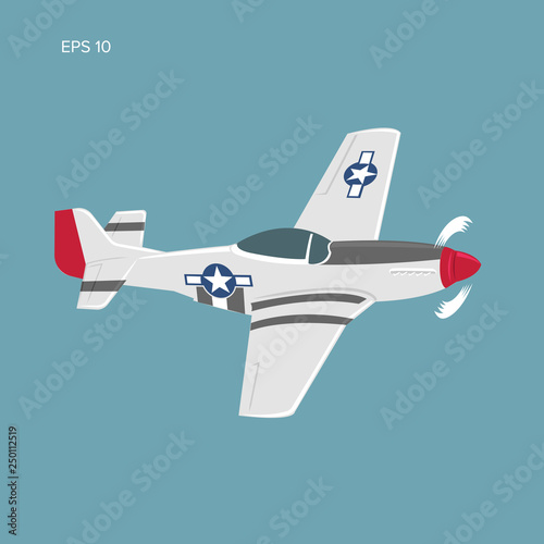 Legendary WWII american fighter aircraft. Single piston engine war machine vector illustration