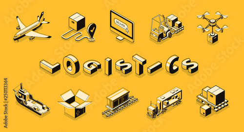 Business logistics line art, isometric vector banner. Retail company distribution, delivery or postal service technologies, commercial freights transportation concept. Cargo shipping icons collection