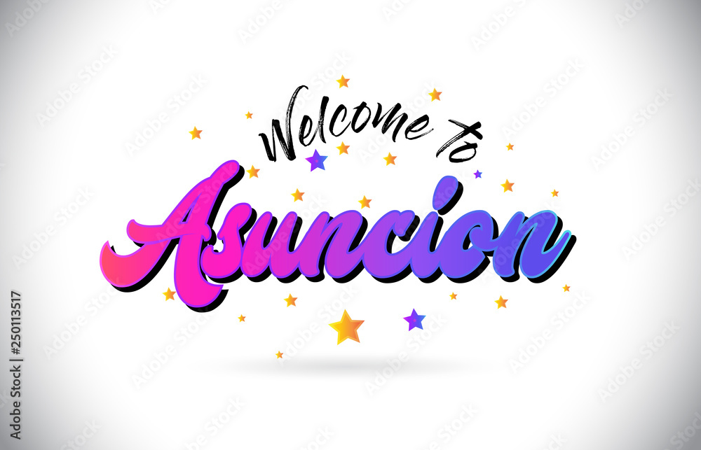 Asuncion Welcome To Word Text with Purple Pink Handwritten Font and Yellow Stars Shape Design Vector.