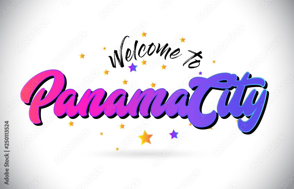 PanamaCity Welcome To Word Text with Purple Pink Handwritten Font and Yellow Stars Shape Design Vector.