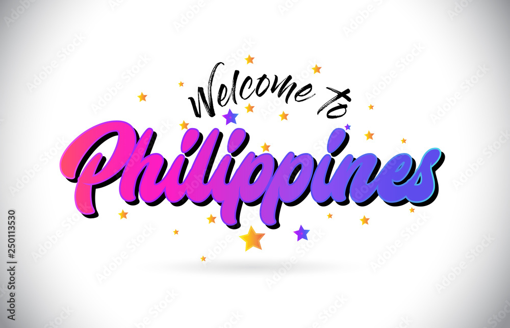 Philippines Welcome To Word Text with Purple Pink Handwritten Font and Yellow Stars Shape Design Vector.