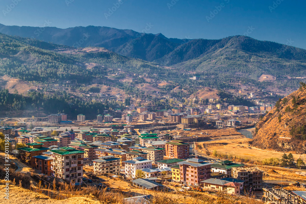 View of Thimphu city, the capital of Bhutan, in Himalaya mountains
