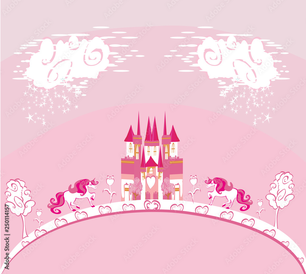 Beautiful unicorn and fairy-tale princess castle card