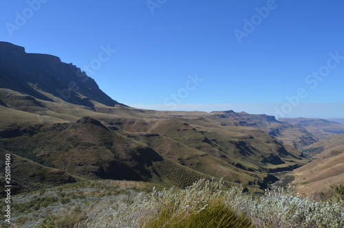 Greenery in Sani pass under blue sky near Lesotho South Africa border