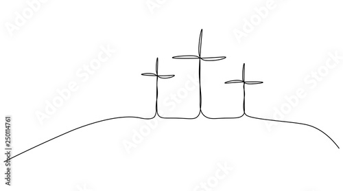 Obraz na plátne Religious easter background with calvary hill of the cross and jesus silhouettes one line drawing, vector illustration