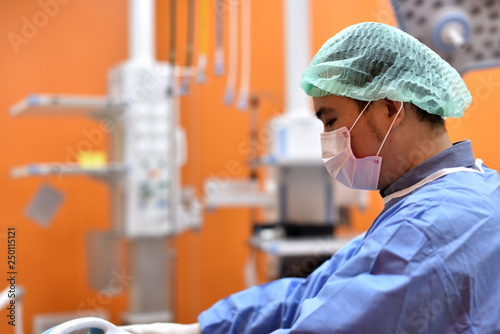 Photos of a young doctor in a working suit in the operating room at the hospital