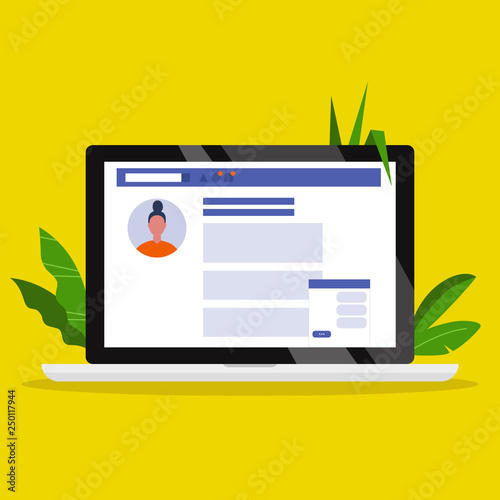 Social media profile. Desktop Web site interface. Female Internet user. Flat editable vector illustration, clip art