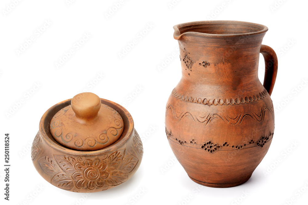 Clay jug and pot isolated on white background.