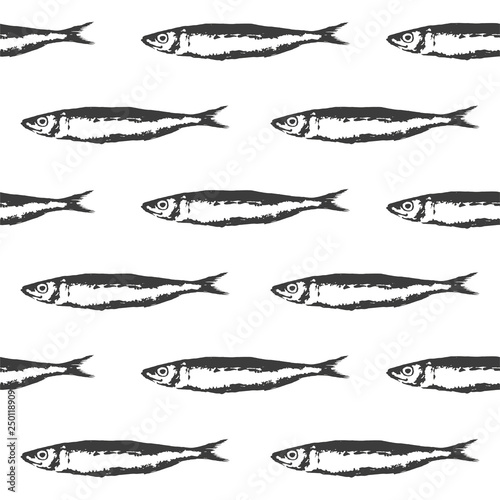 Black Fish Herring Seamless Pattern. Sardine, Sardina pilchardus